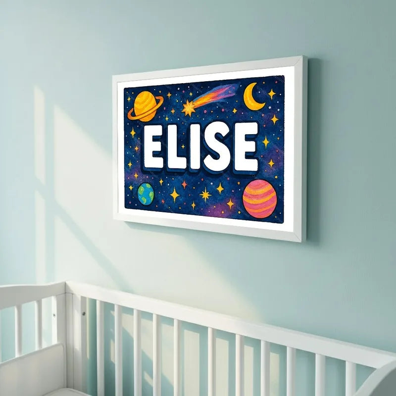 Adventurous personalized space name art for Elise