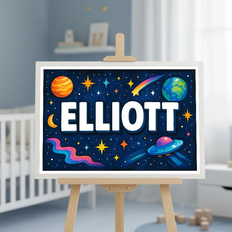 Elliott Name Art - Space Explorers personalized wall print for kids