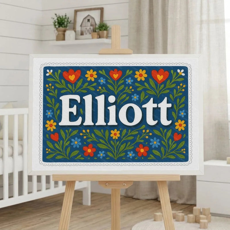 Elliott Name Art - Floral Farmhouse personalized wall print for kids
