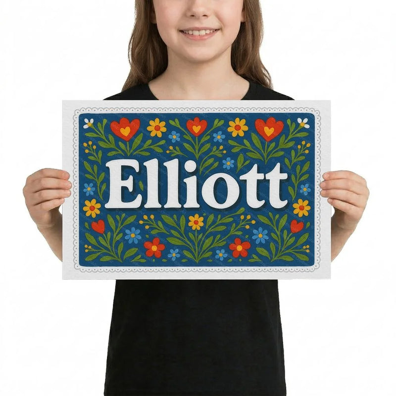 Elliott Name Art - Floral Farmhouse personalized wall print for kids