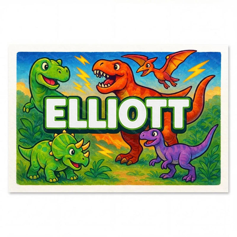 Elliott Name Art - Dinosaur Adventure personalized wall print for kids