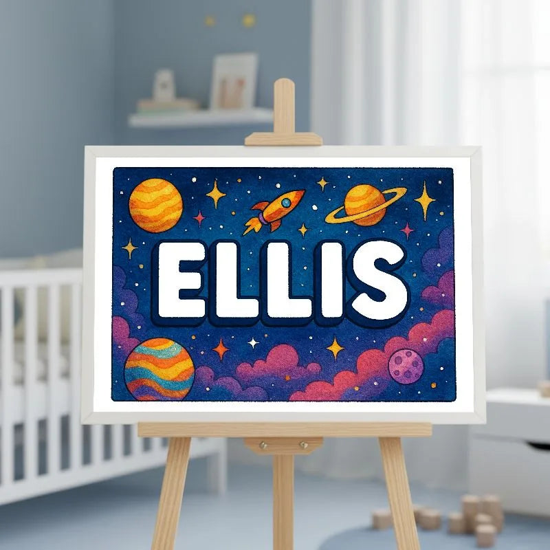 Ellis Name Art - Space Explorers personalized wall print for kids