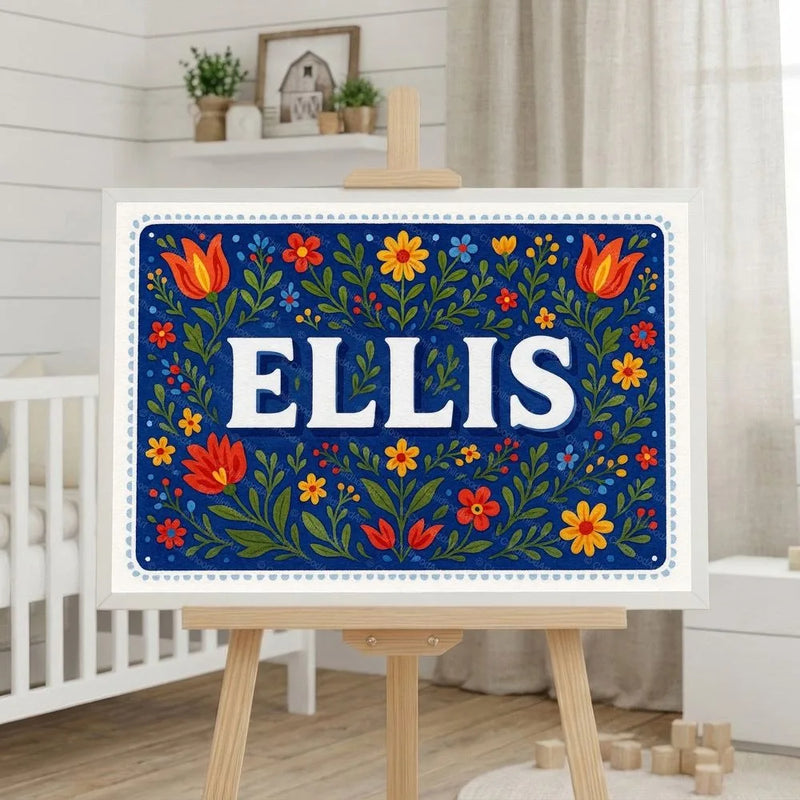 Ellis Name Art - Floral Farmhouse personalized wall print for kids