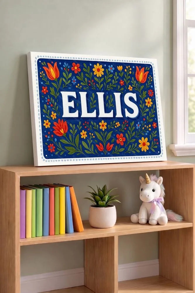 Ellis Name Art - Floral Farmhouse personalized wall print for kids