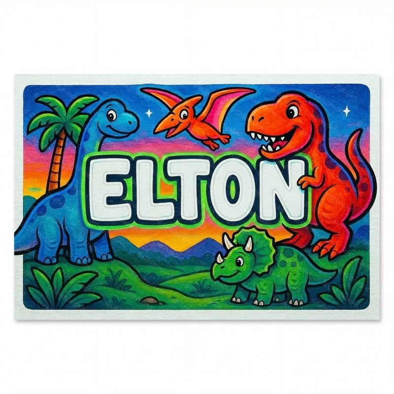 Elton Name Art - Dinosaur Adventure personalized wall print for kids