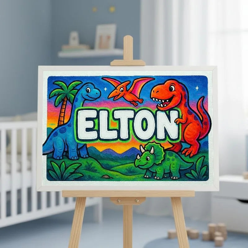 Elton Name Art - Dinosaur Adventure personalized wall print for kids