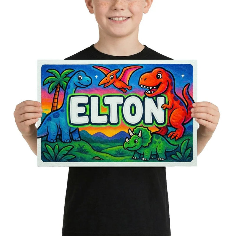 Elton Name Art - Dinosaur Adventure personalized wall print for kids