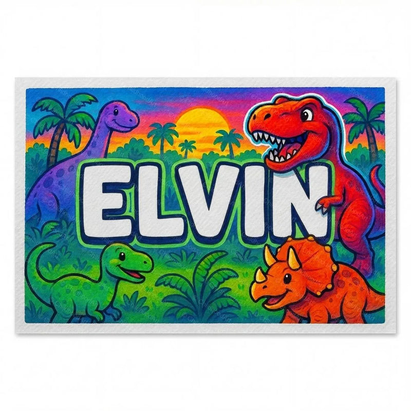 Elvin Name Art - Dinosaur Adventure personalized wall print for kids