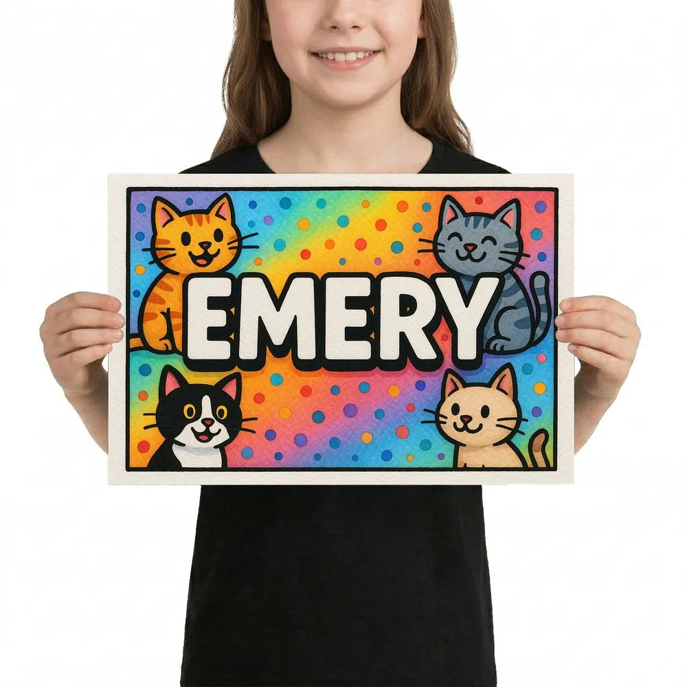 Emery Name Art - Colorful Cats Personalized Wall Art