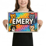 Emery Name Art - Colorful Cats personalized wall print for kids