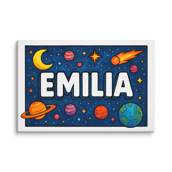 Emilia name design — Space explorers theme print for kids