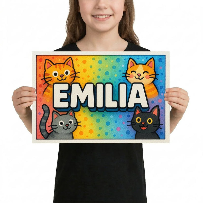 Emilia Name Art - Colorful Cats personalized wall print for kids