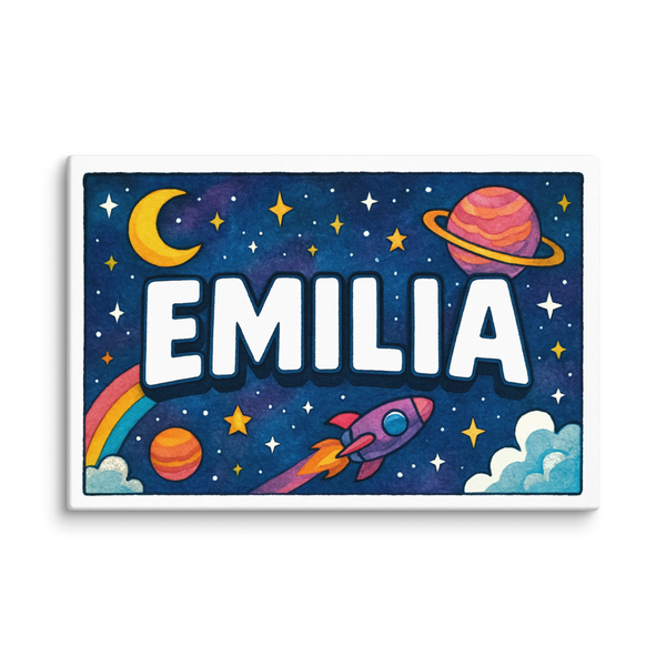 Space explorers themed name art featuring Emilia