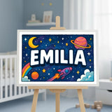 Emilia Name Art - Space Explorers personalized wall print for kids