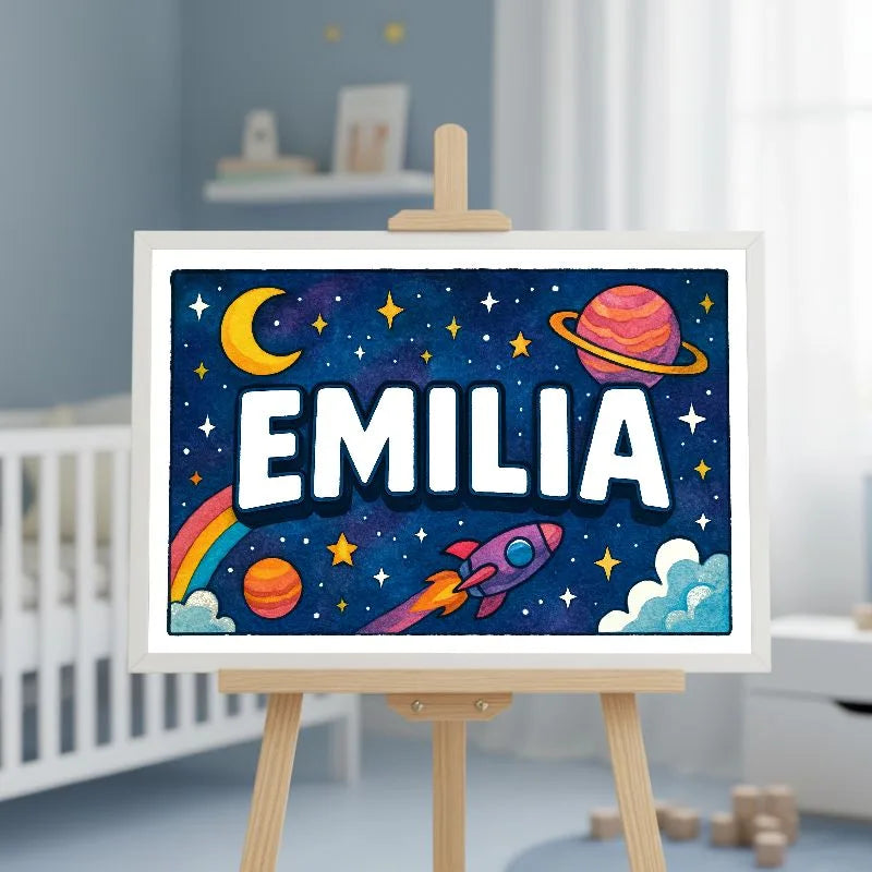 Emilia Name Art - Space Explorers personalized wall print for kids