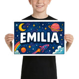 Emilia Name Art - Space Explorers personalized wall print for kids