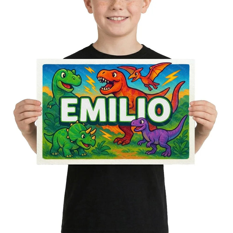 Emilio Name Art - Dinosaur Adventure personalized wall print for kids