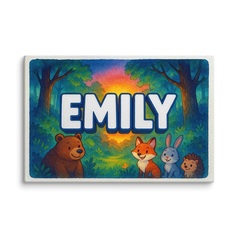 Emily Name Art - Forest Friends personalized wall print for kids