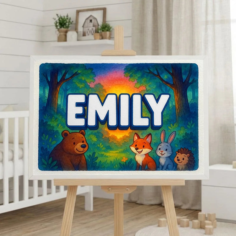 Emily Name Art - Forest Friends personalized wall print for kids