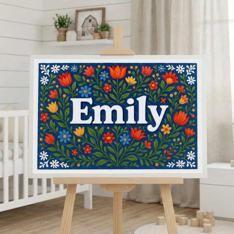 Emily Name Art - Floral Farmhouse personalized wall print for kids