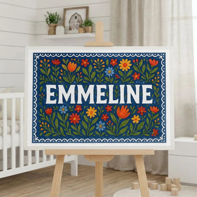 Emmeline Name Art - Floral Farmhouse personalized wall print for kids
