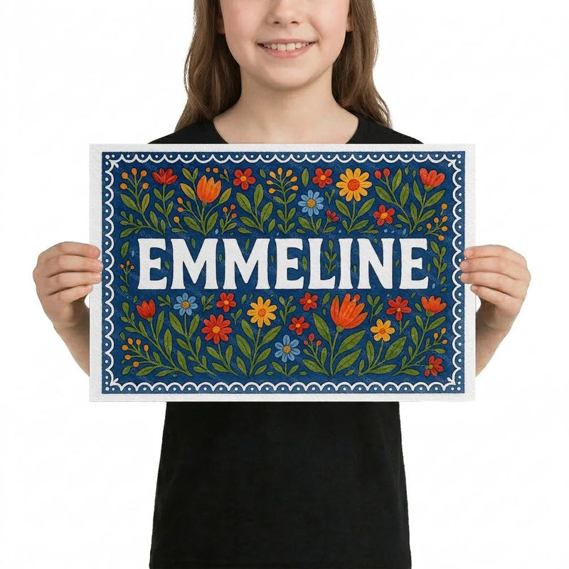 Emmeline Name Art - Floral Farmhouse personalized wall print for kids