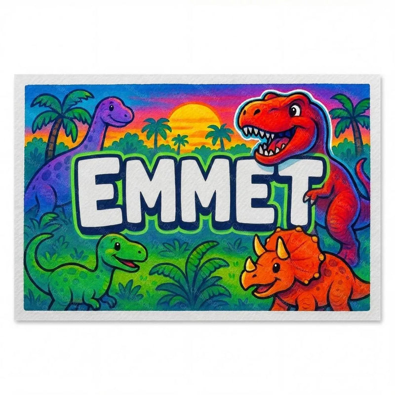 Emmet Name Art - Dinosaur Adventure personalized wall print for kids