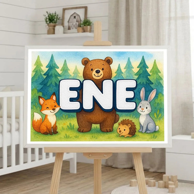 Ene Name Art - Forest Friends personalized wall print for kids