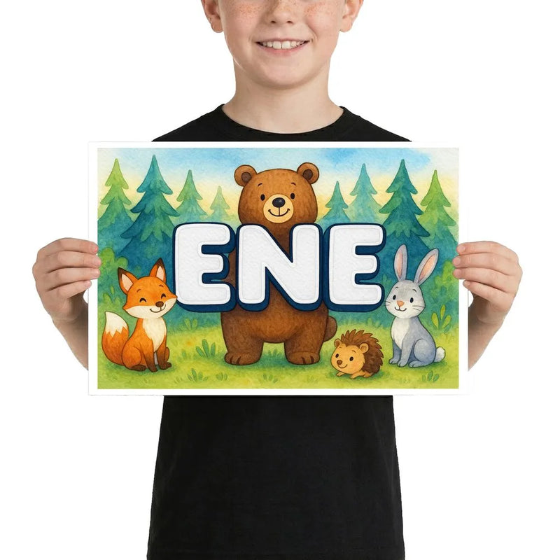 Ene Name Art - Forest Friends personalized wall print for kids