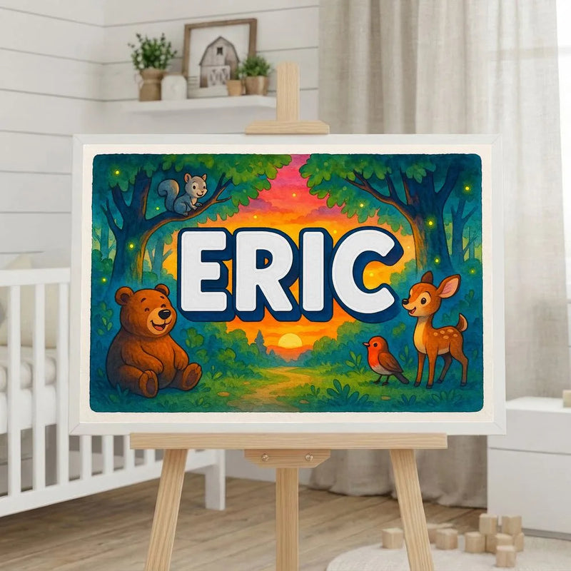 Eric Name Art - Forest Friends personalized wall print for kids