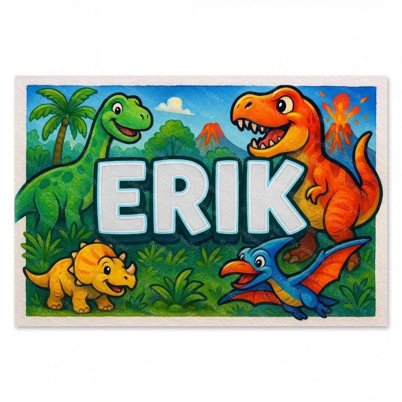 Erik Name Art - Dinosaur Adventure personalized wall print for kids