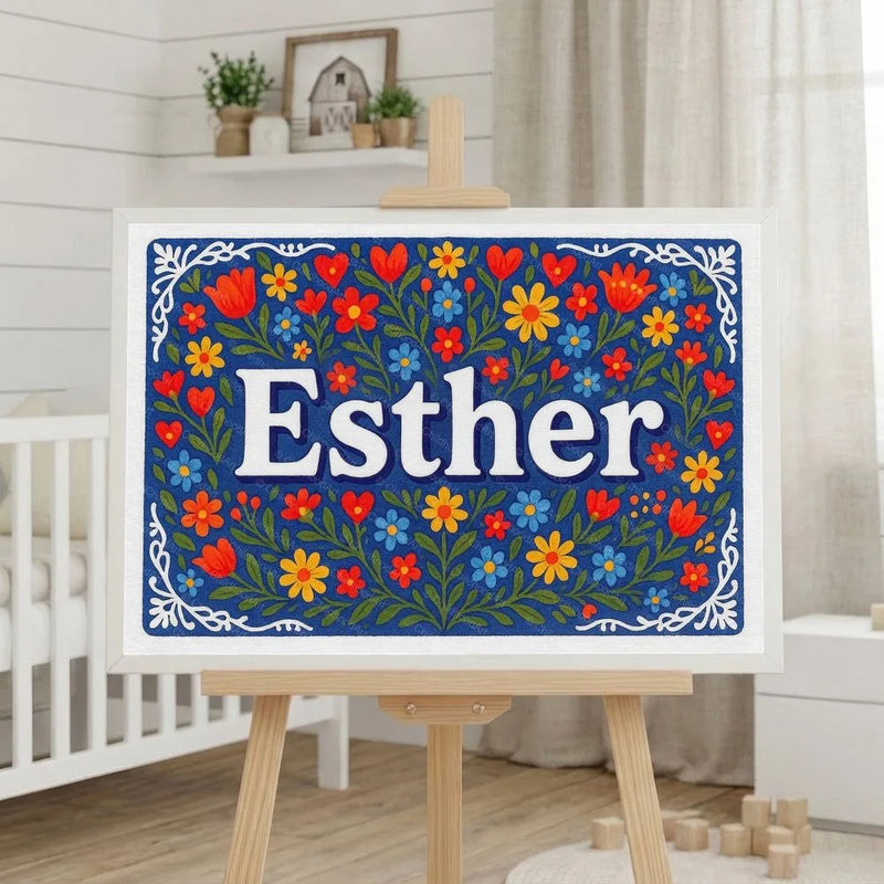 Esther Name Art - Floral Farmhouse personalized wall print for kids
