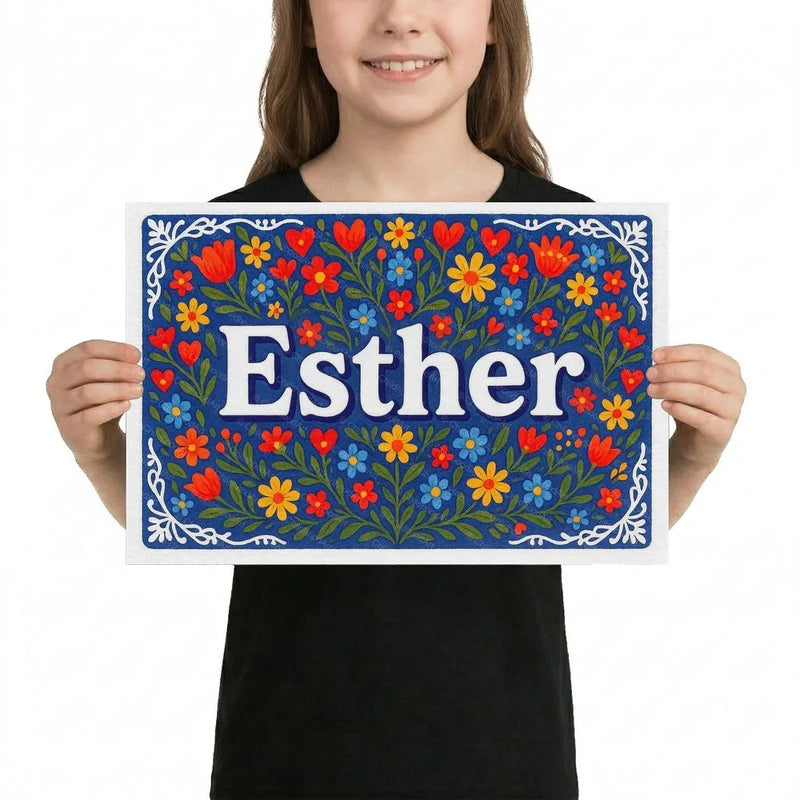 Esther Name Art - Floral Farmhouse personalized wall print for kids