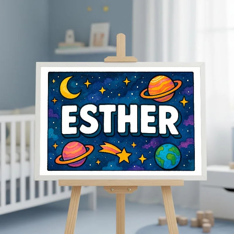 Esther Name Art - Space Explorers personalized wall print for kids