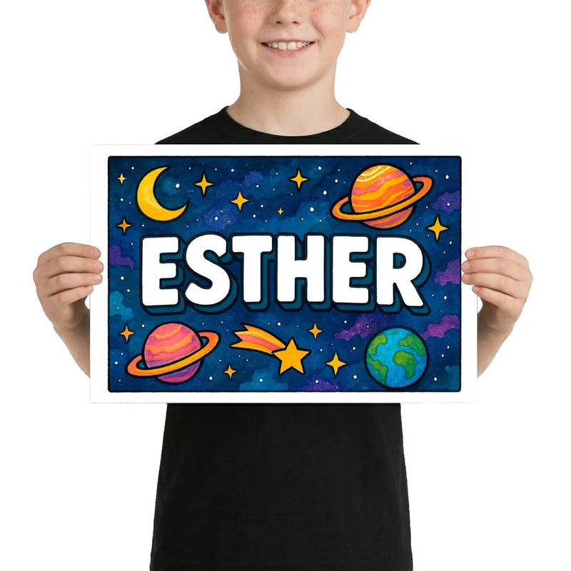 Esther Name Art - Space Explorers personalized wall print for kids