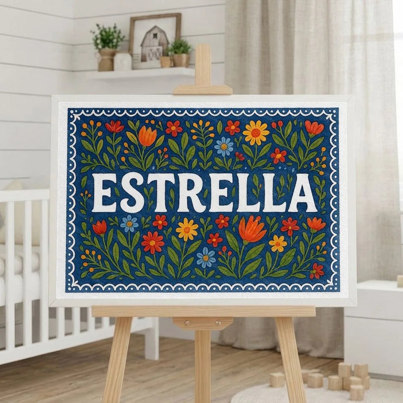 Estrella Name Art - Floral Farmhouse personalized wall print for kids