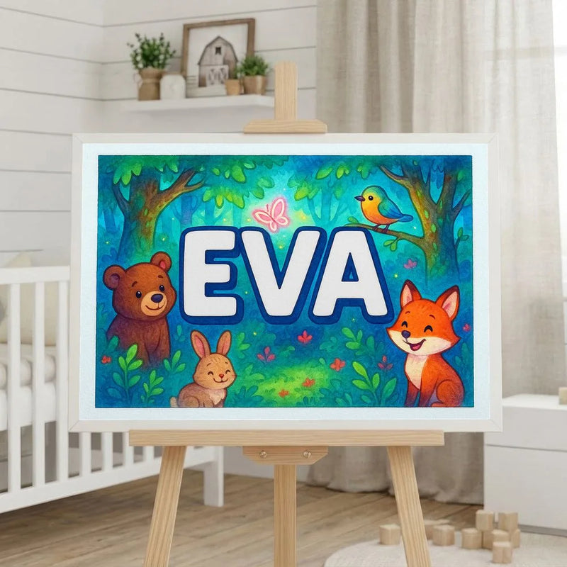Eva Name Art - Forest Friends personalized wall print for kids