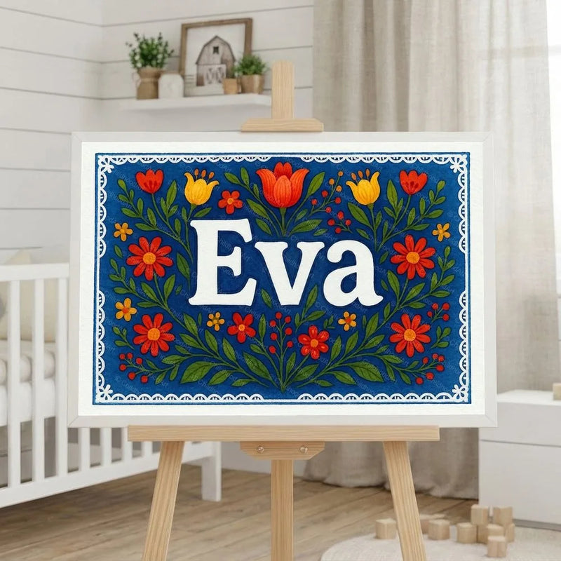 Eva Name Art - Floral Farmhouse personalized wall print for kids