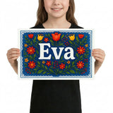 Eva Name Art - Floral Farmhouse personalized wall print for kids