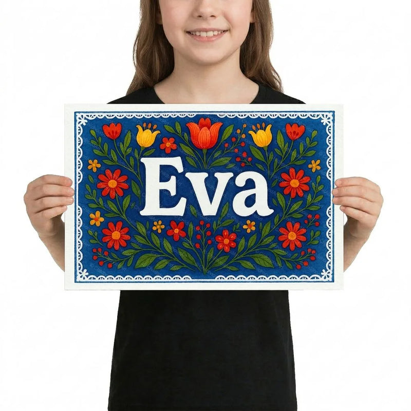 Eva Name Art - Floral Farmhouse personalized wall print for kids