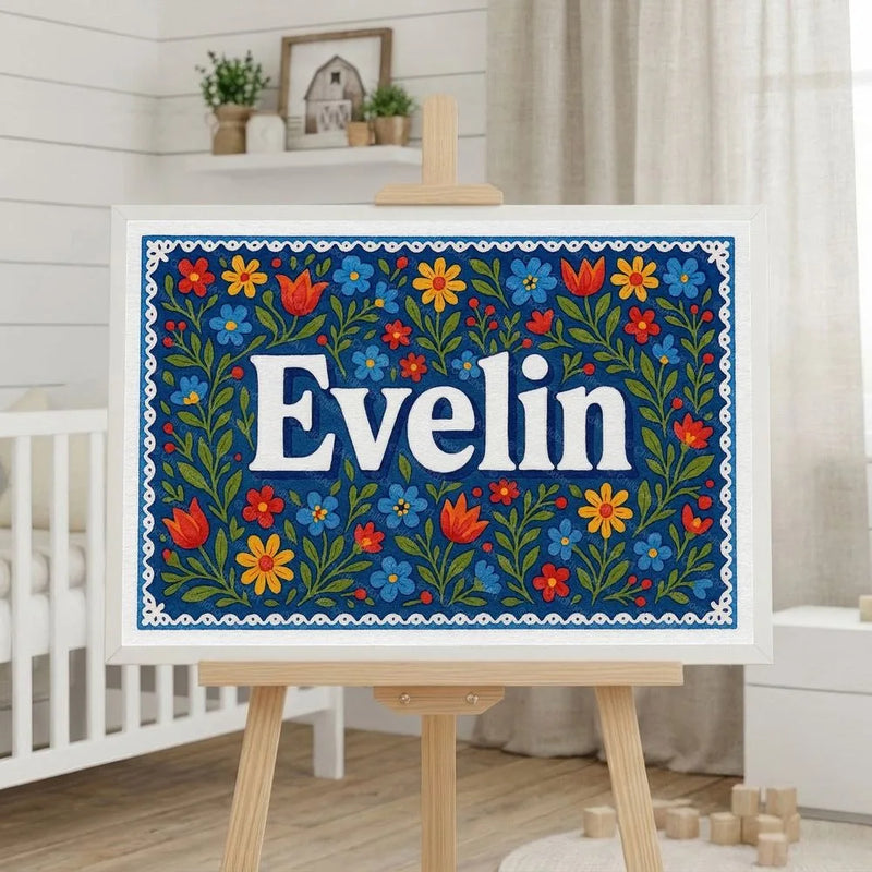 Evelin Name Art - Floral Farmhouse personalized wall print for kids