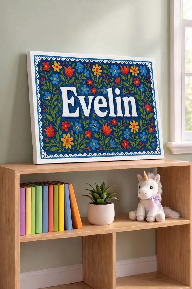 Evelin Name Art - Floral Farmhouse personalized wall print for kids