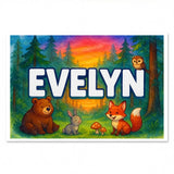 Calm personalized woodland name art for Evelyn