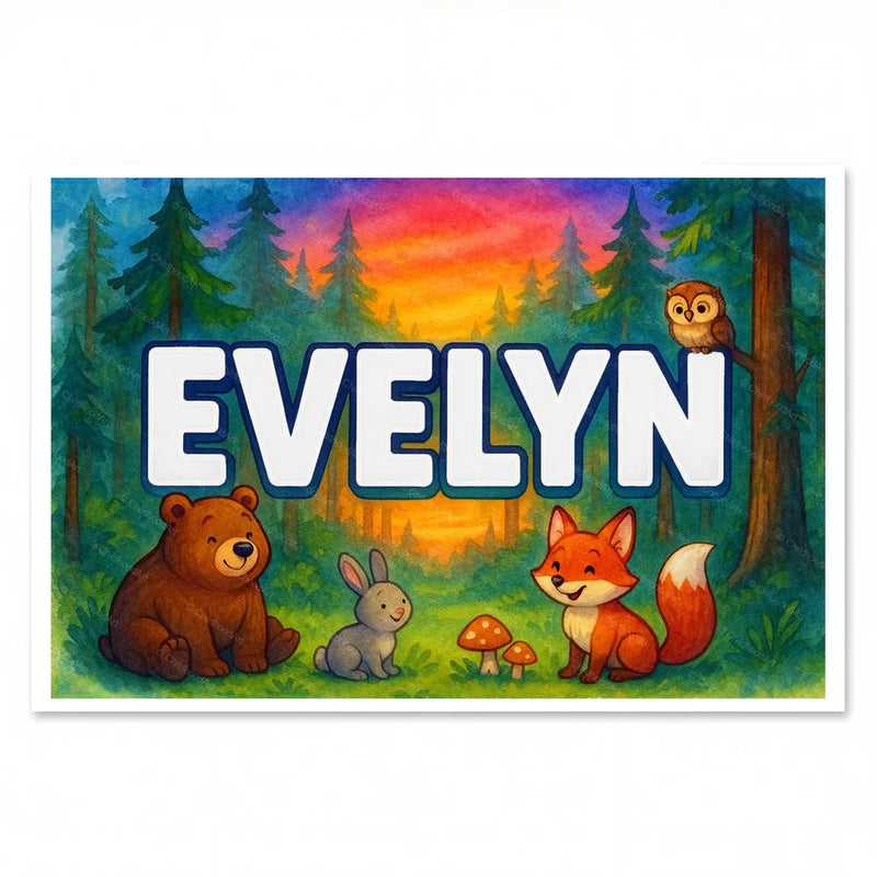 Calm personalized woodland name art for Evelyn