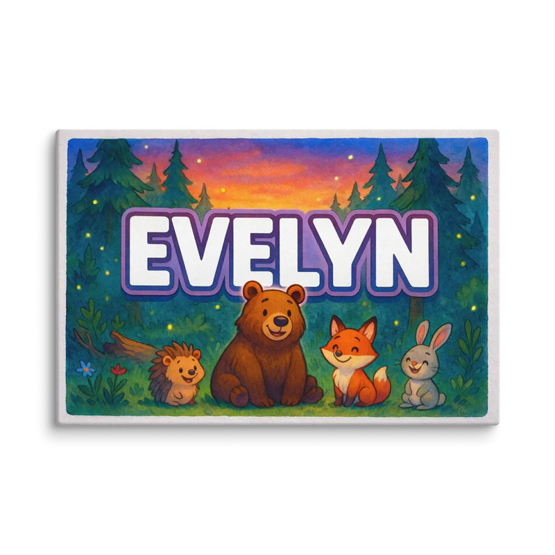 Evelyn Name Art - Forest Friends personalized wall print for kids