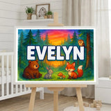 Calm personalized woodland name art for Evelyn