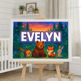 Evelyn Name Art - Forest Friends personalized wall print for kids