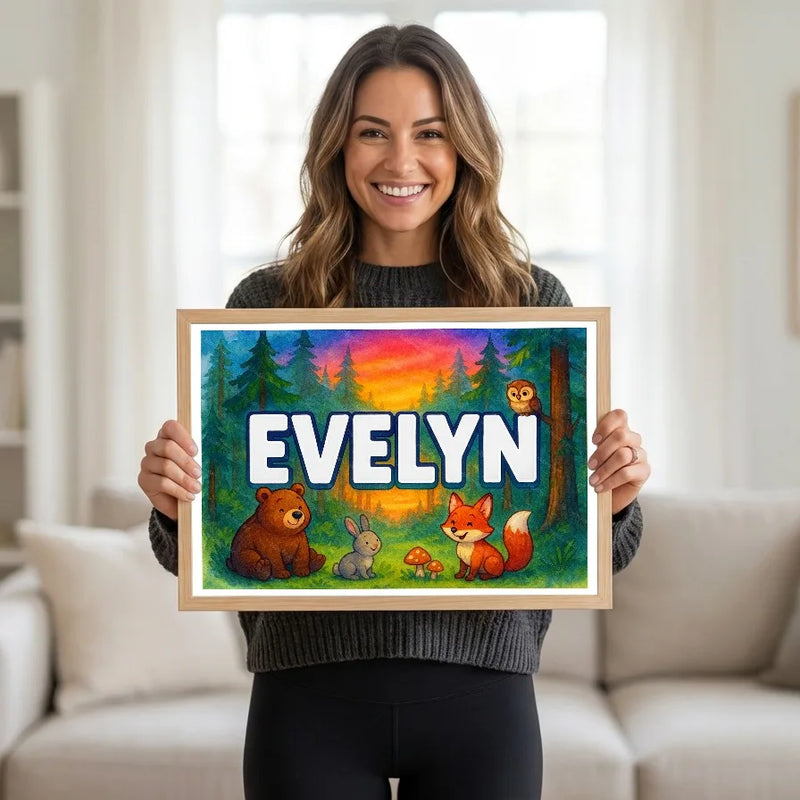Calm personalized woodland name art for Evelyn