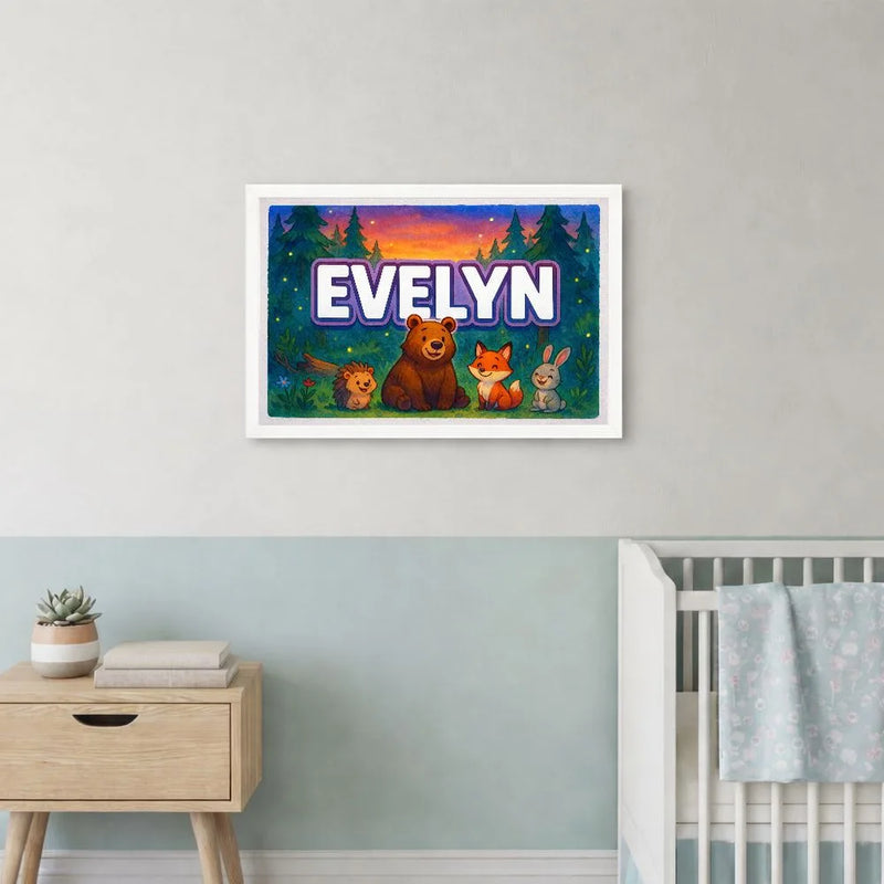 Evelyn Name Art - Forest Friends personalized wall print for kids
