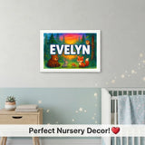 Calm personalized woodland name art for Evelyn